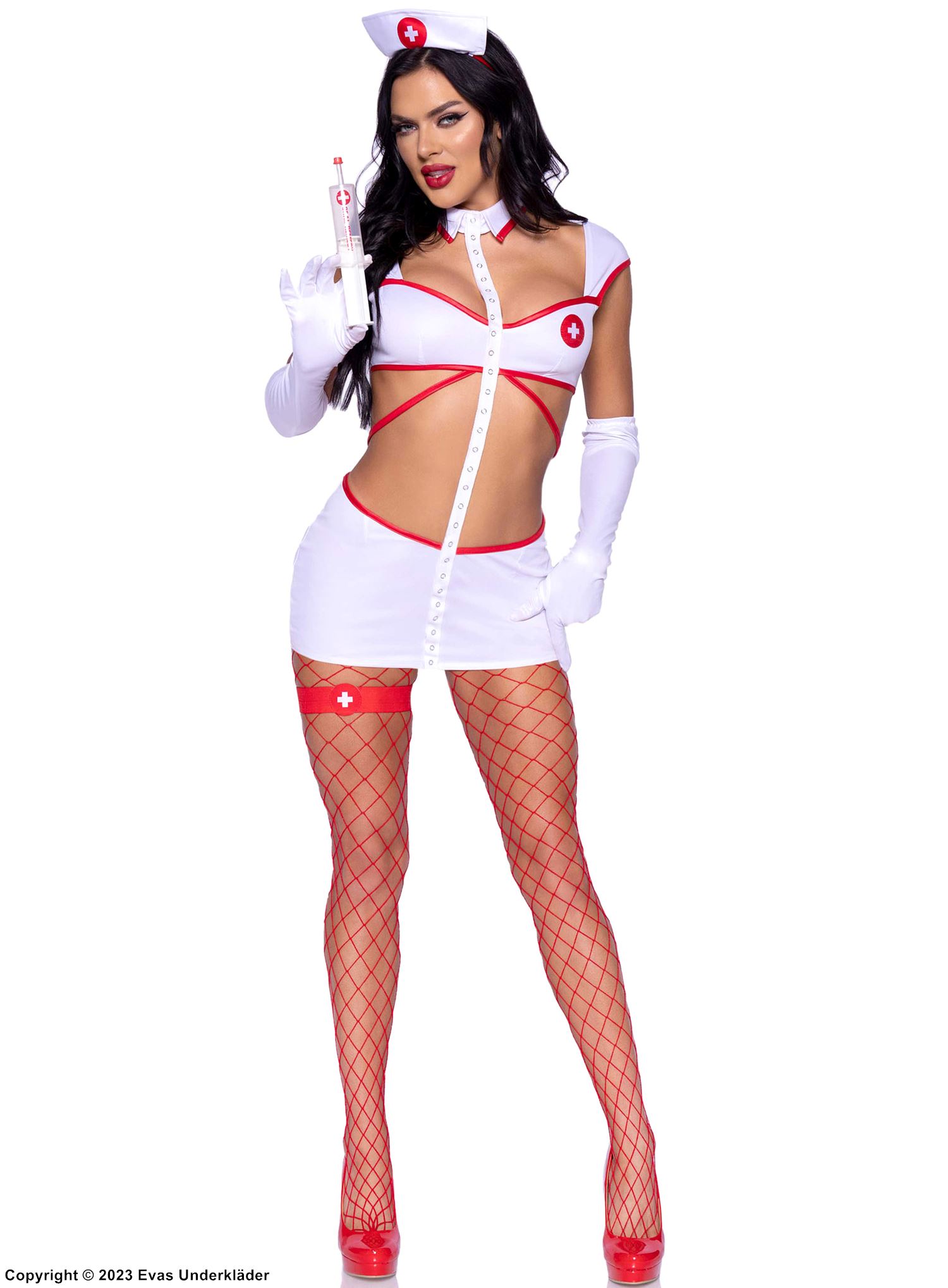 Sjuksköterska, maskeradklänning med framsida med remmar, ursnitt och kraghalsband
